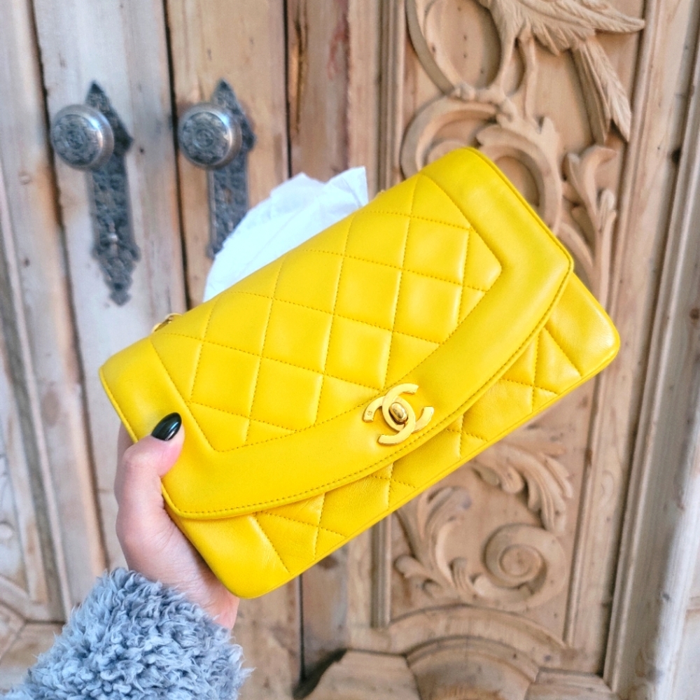 Chanel Small 23cm Lambskin Yellow Diana Flap Bag Purse